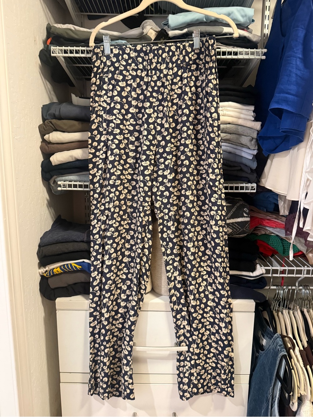 Ganni Navy Wide-Leg Pants with Ivory Floral Print